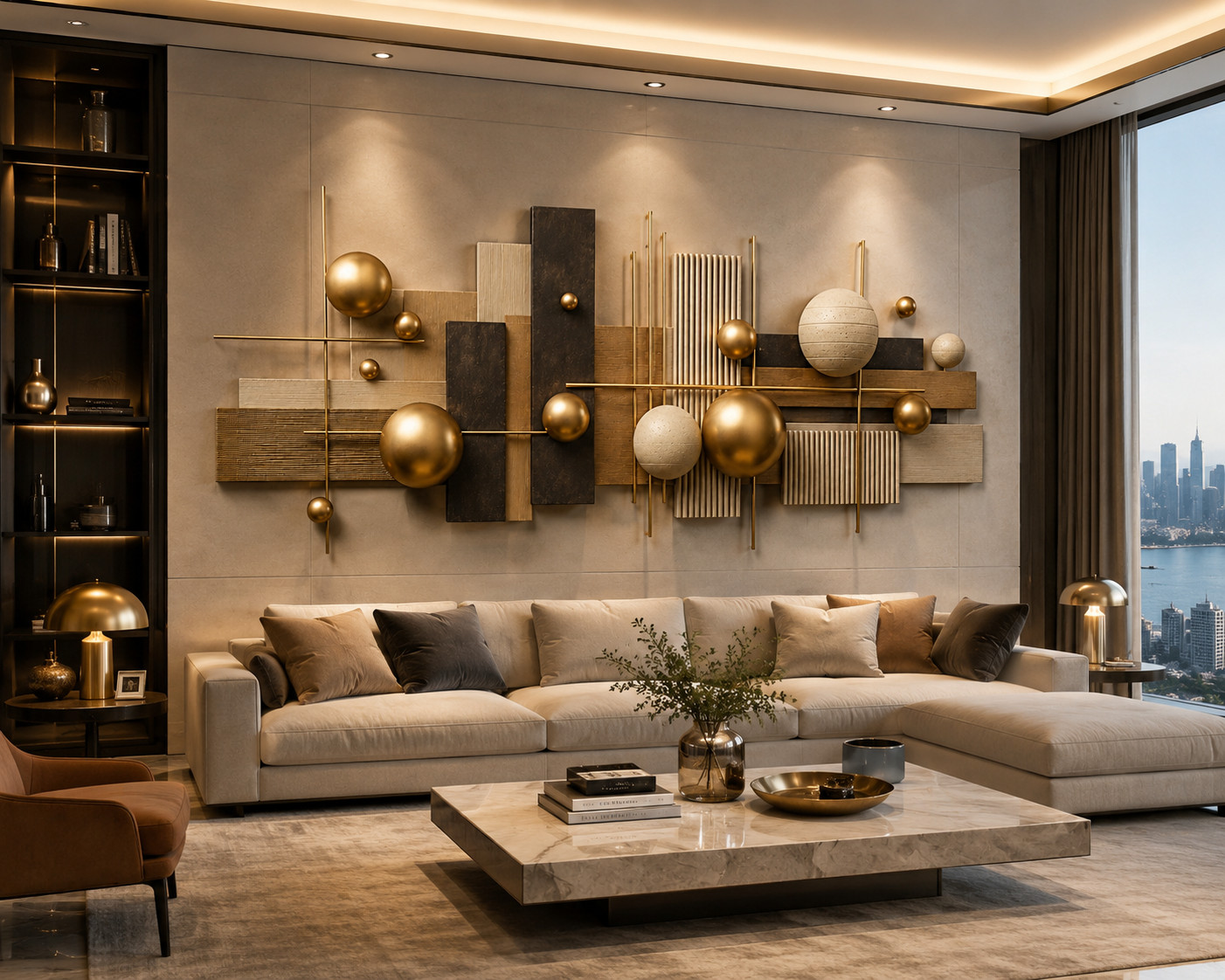 Original Hand Painted Abstract Geometric Canvas Art Gold Sphere Wall Decor 36×72