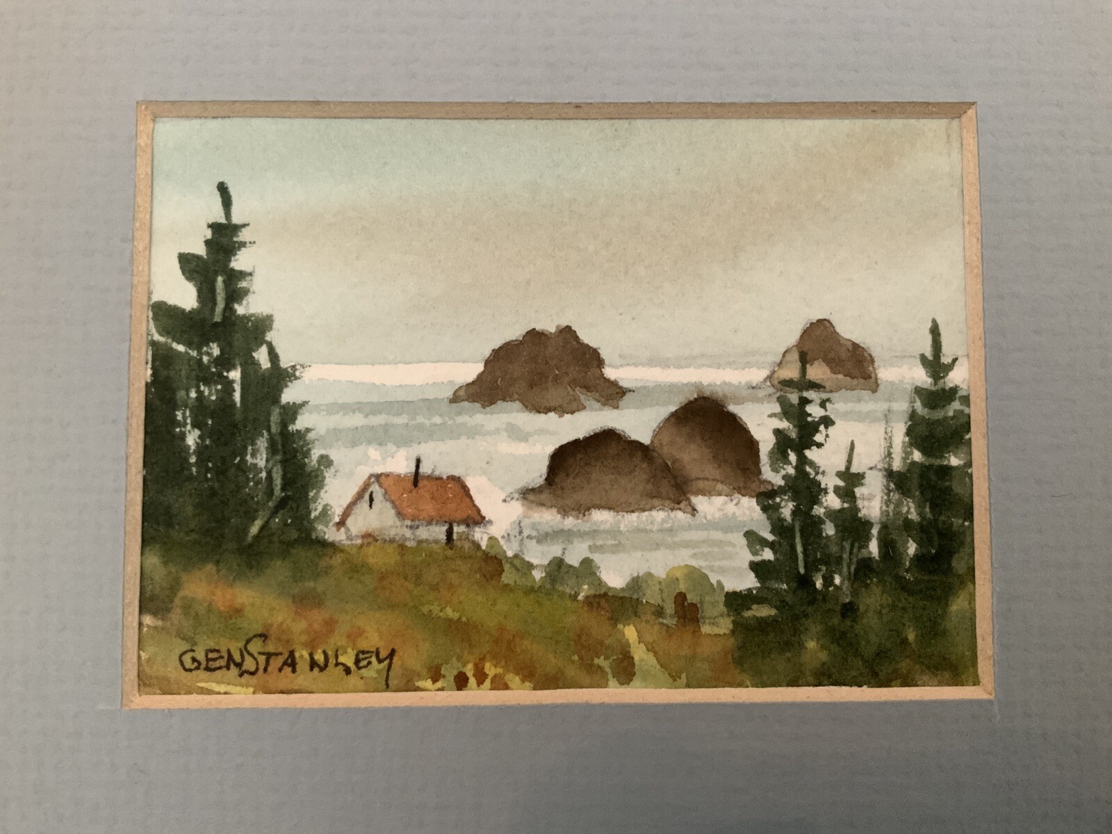5”x4” Mini Gen Stanley Signed Original Watercolor Ocean & House Scene Painting