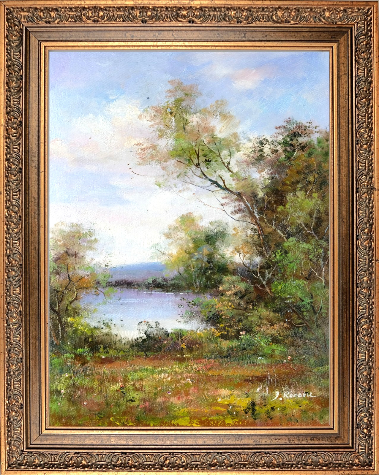Framed Original Oil Painting, Signed by J Reneau, Summer Lake View Landscape