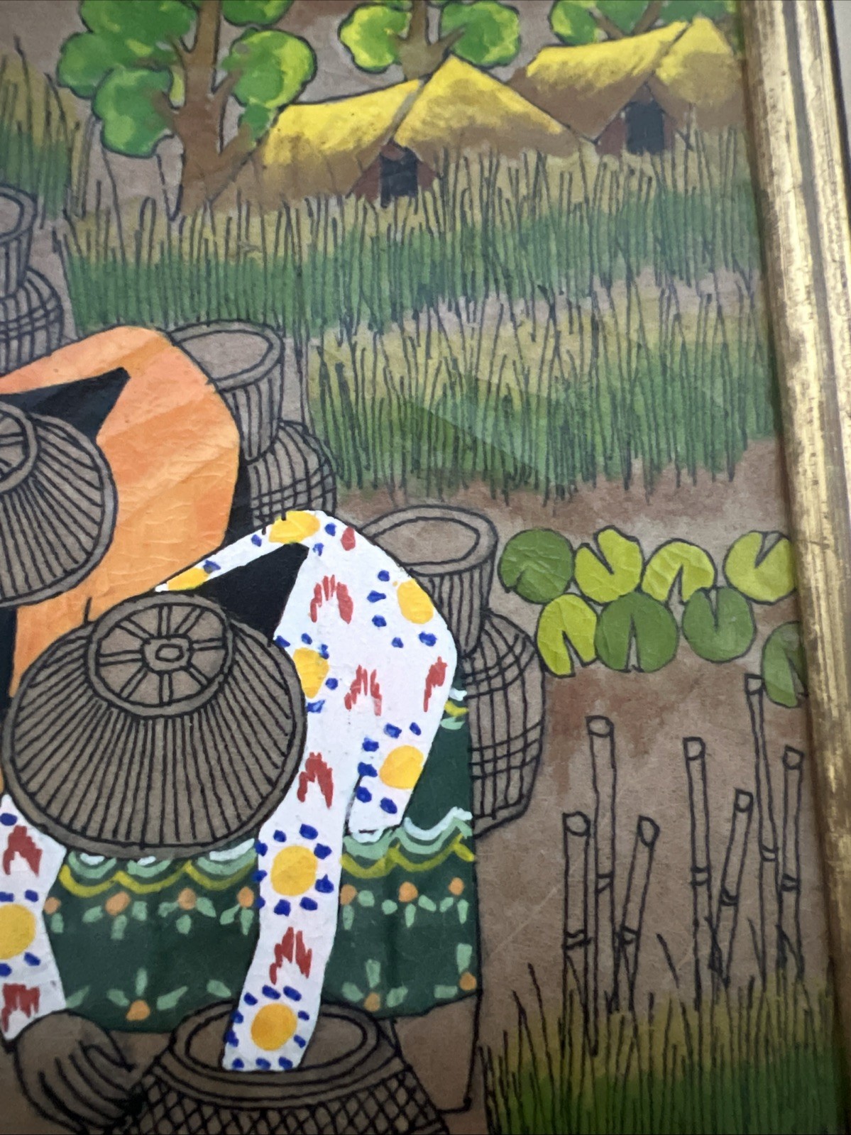 Asian Thai Expressionist Leaf painting-Artist Thanom-Vintage-MCM