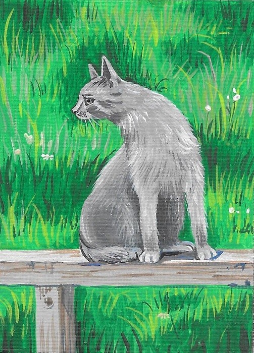 5×7 PRINT OF PAINTING RYTA GRAY TABBY CAT SUMMER PORTRAIT REALISM Folk Art 🌺