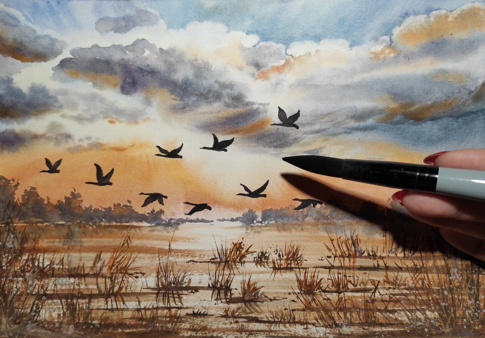 DUCKS FLY CLOUDY SKY Original Art Painting Landscape GEESE FLY Bob Ross Style A4