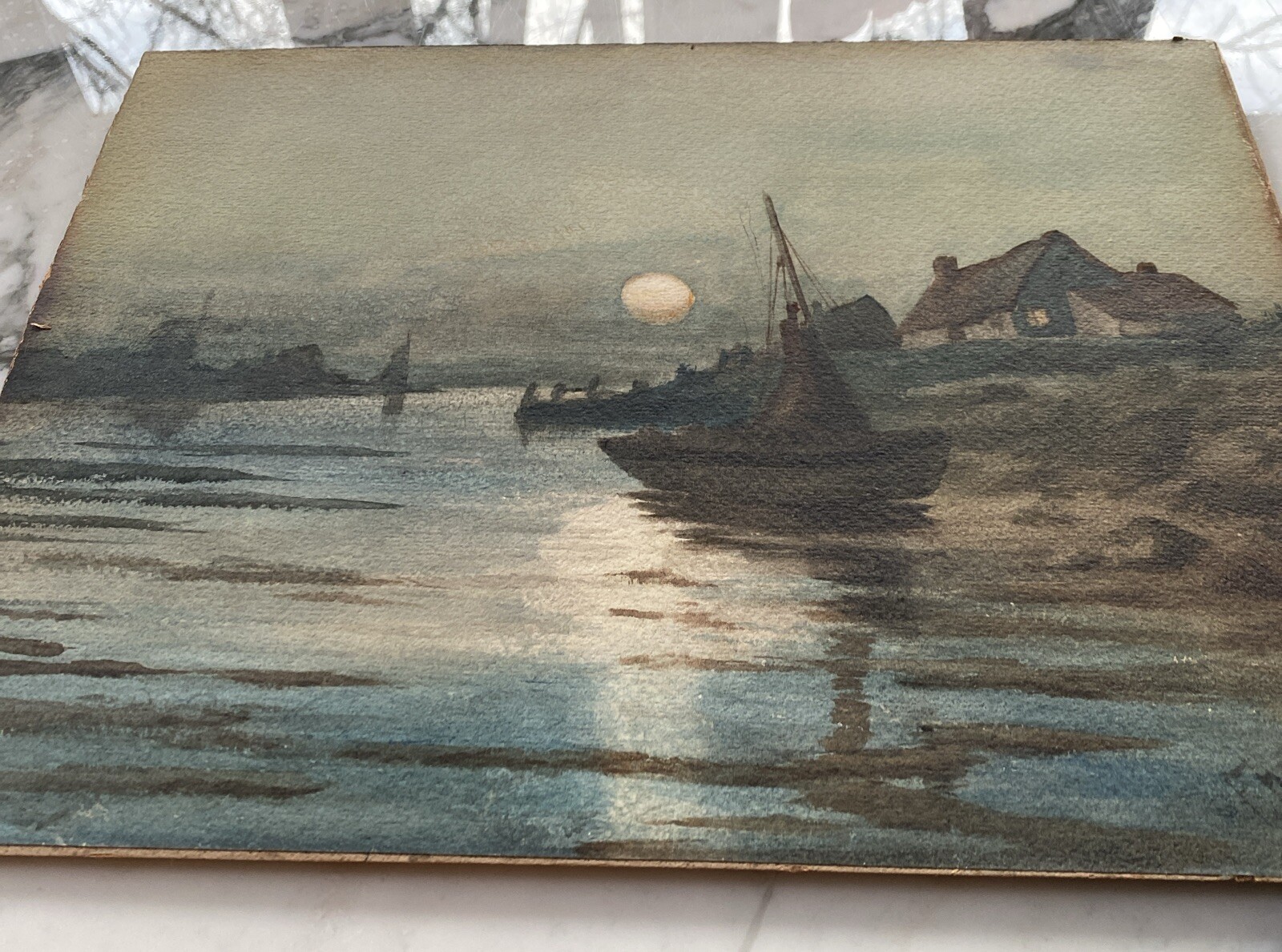 Handsome circa 1880 signed Dutch Moonscape Watercolor painting, Luminist Canal