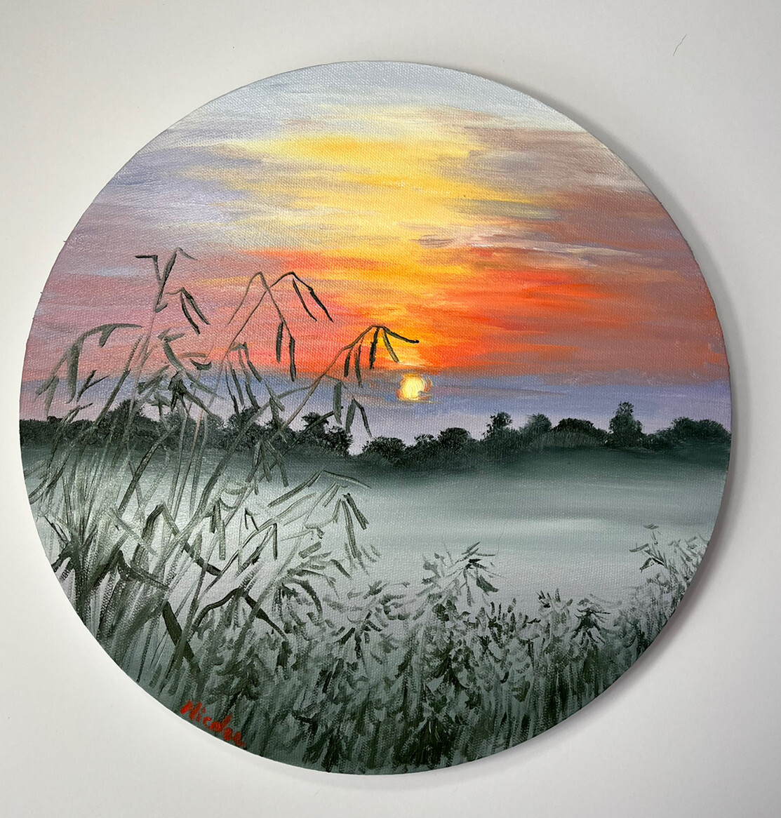 Original Oil Painting On Canvas Landscape Sunrise Fields Art 12” Round Canvas
