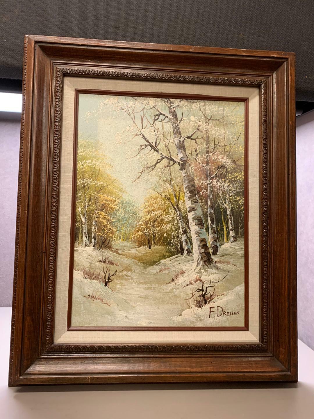 Original F. DRESSEN Oil Painting Winter Landscape on Canvas Snowy Forest Framed
