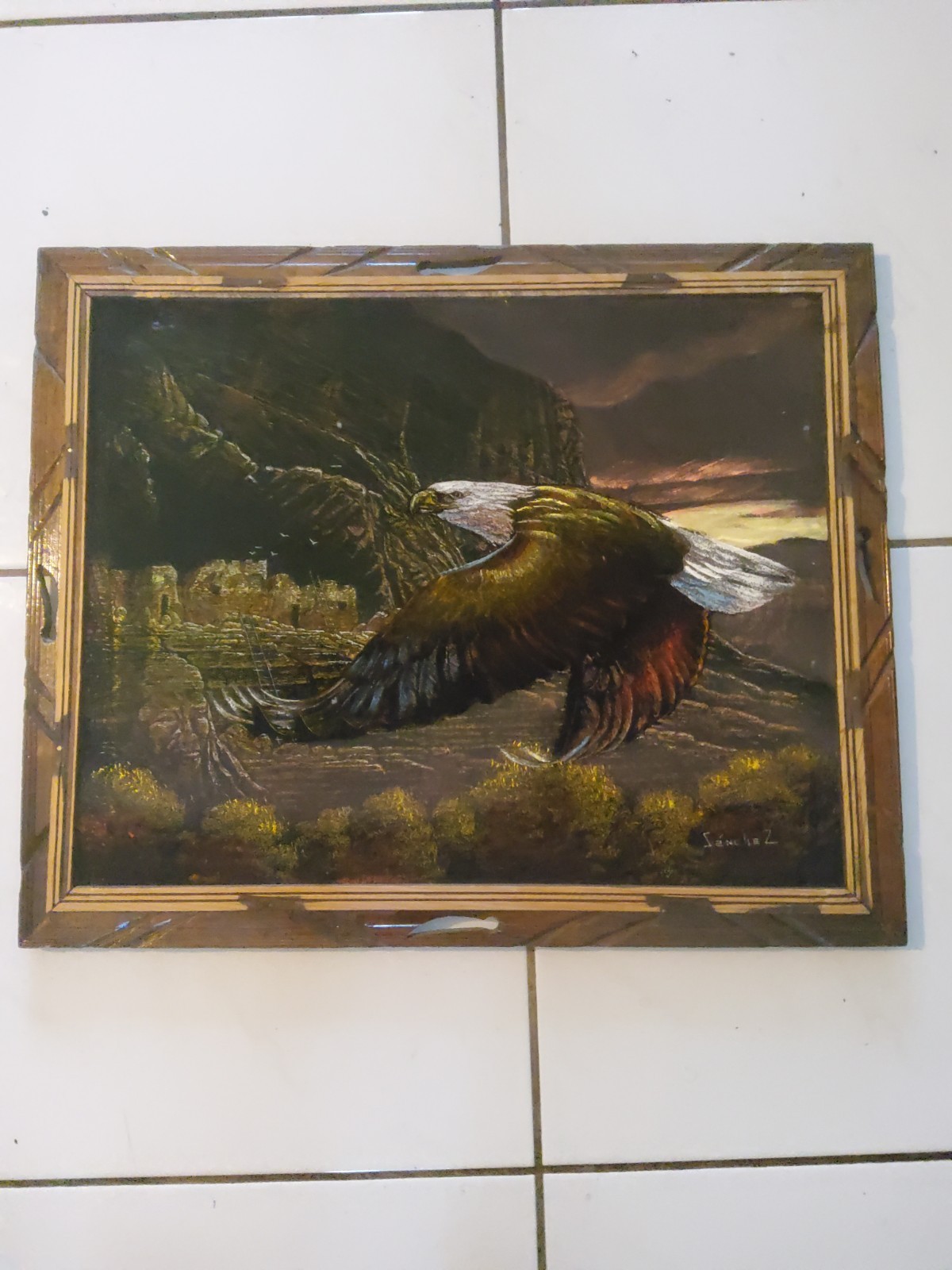 VTG ORIGINAL SIGNED ERNESTO SANCHEZ EAGLE SPIRIT OIL ON VELVET HAND CARVED FRAME