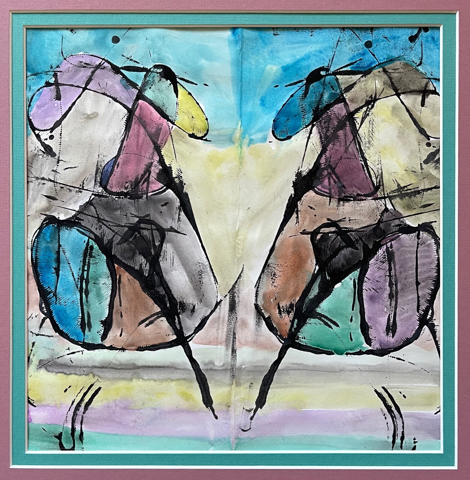 Vintage Framed Abstract Shapes Figures Watercolor Painting Modern Wall Hanging