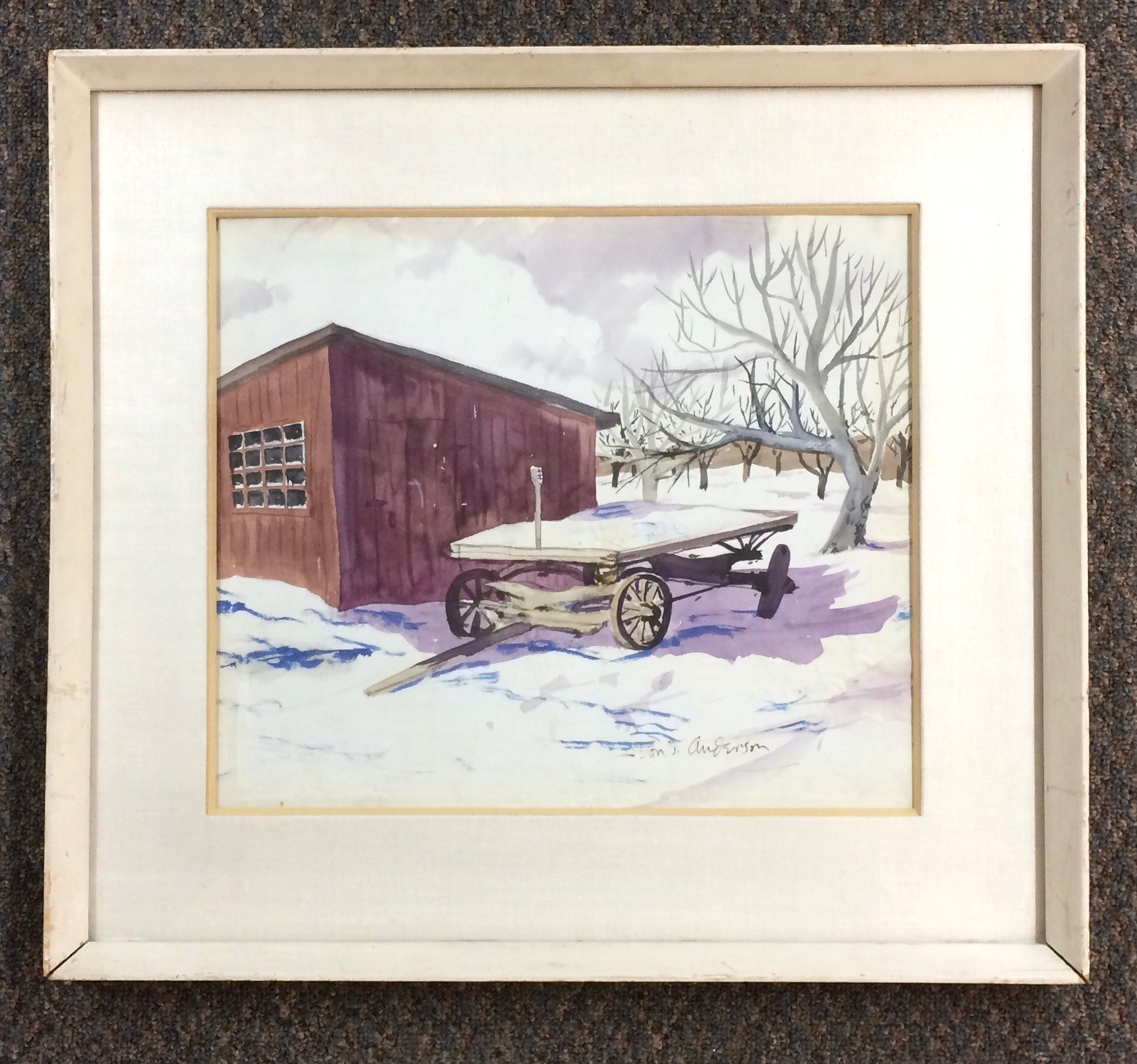 Vtg Don Anderson Signed Original 23” x 25” Wagon in the Snow Watercolor Painting