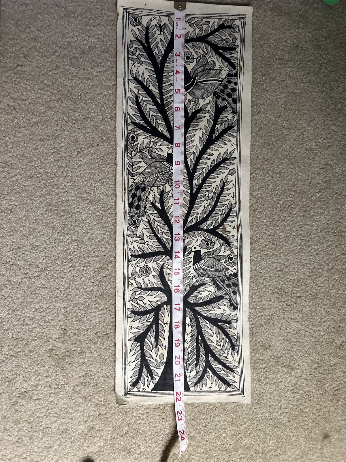Hand Painted Tree And Bird Thin Canvas Painting Indian Art 22″ Signed Leela Devi