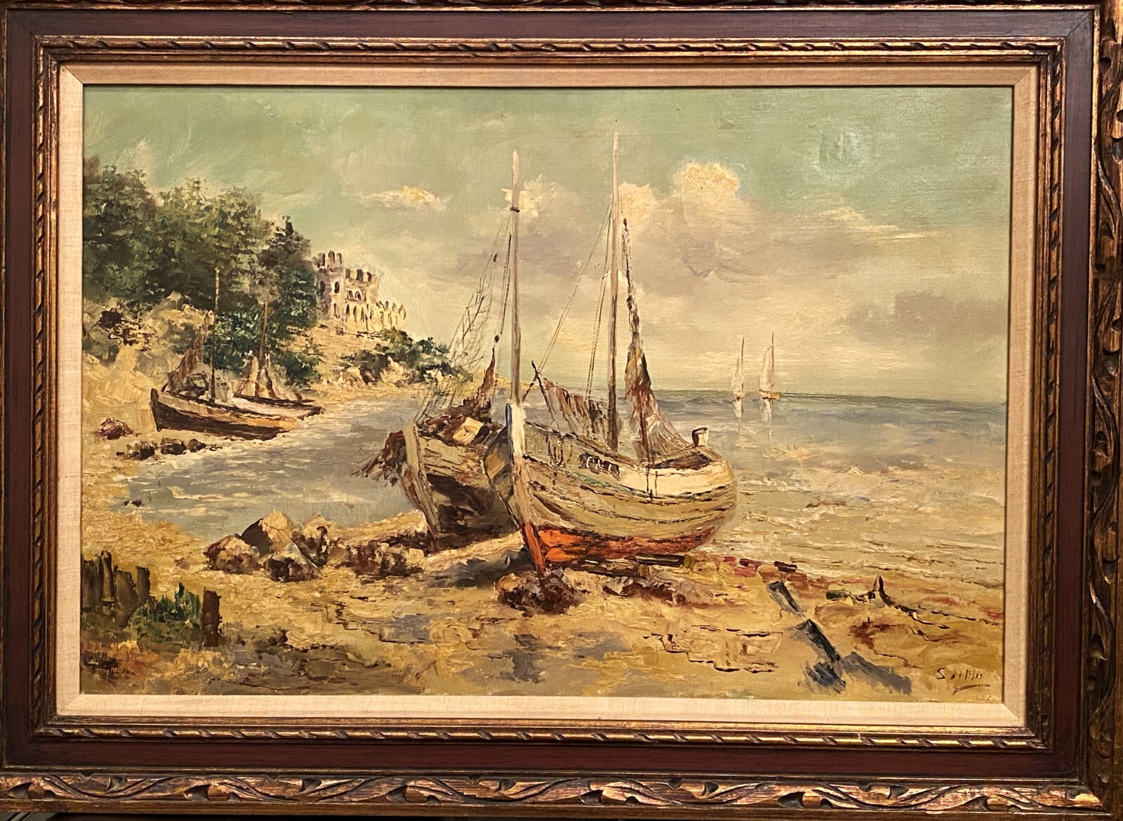 VTG C 1930’s Magnificent Large European O/C «Boats On The Beach» Signed/Framed!