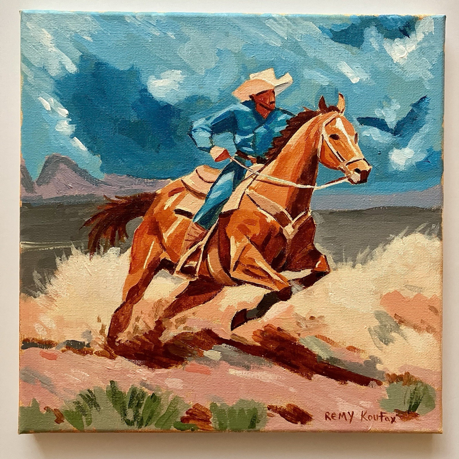 Original Acrylic Western Painting Cowboy Horse Rider 10×10 Inches Signed Art