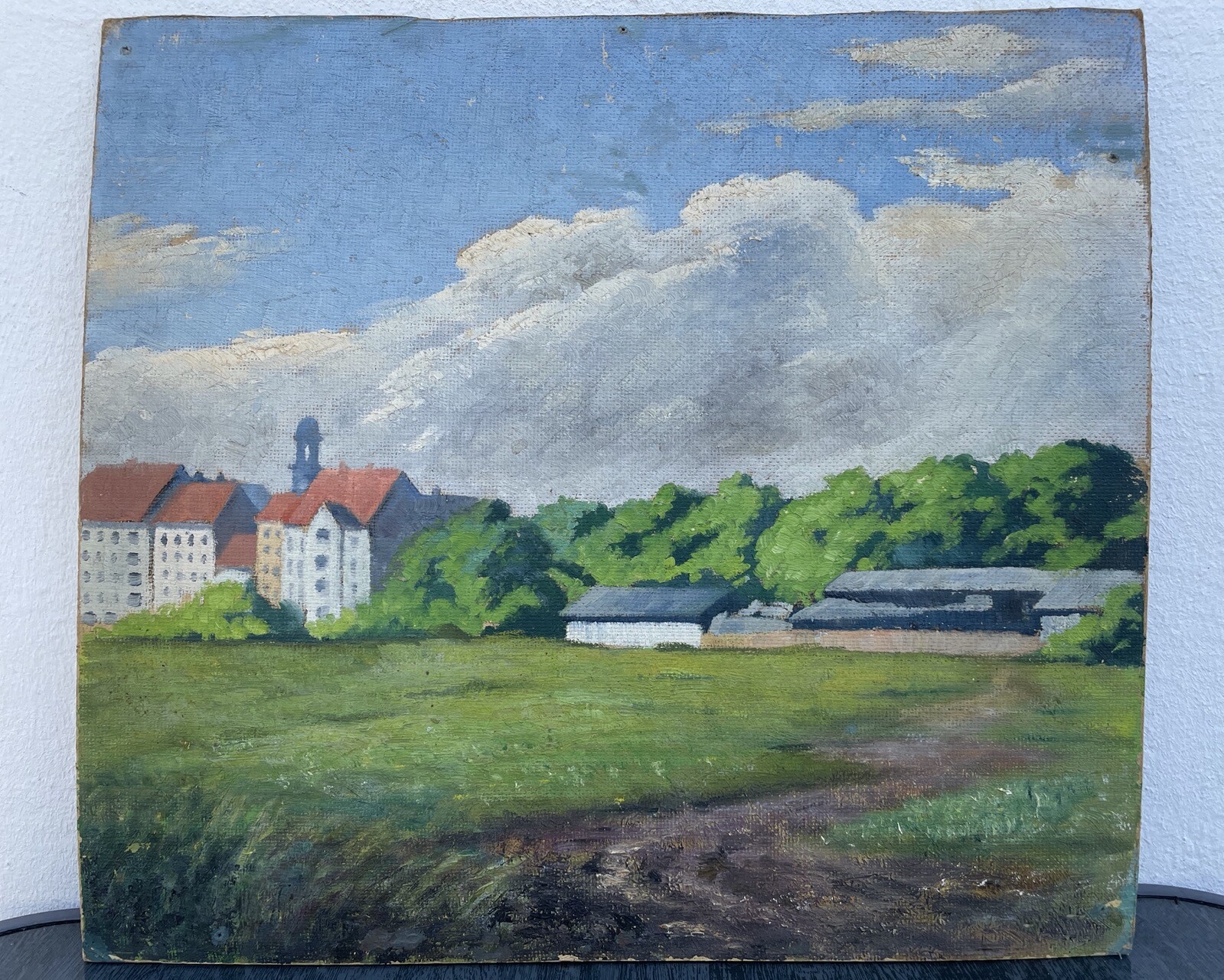 Impressionist Anonymous Summer Landscape Small Town Meadow Field Path Cloudy Sky