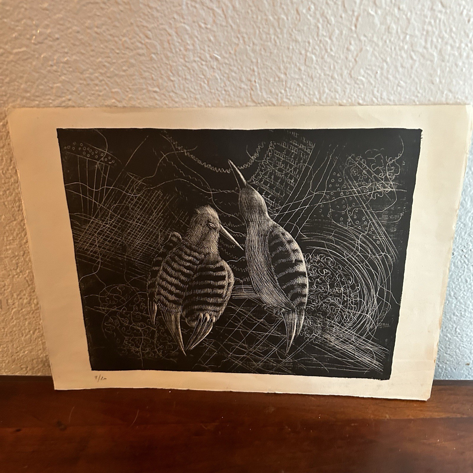 Vintage Linocut Bird Print Signed Numbered 8/20 Black White Modernist Art 12×16