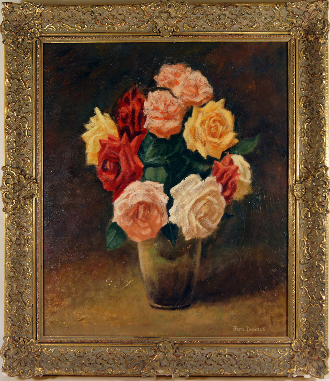 Bouquet of Various Colored Roses in Vase, signed Fern Dworeck Oil on Canvas