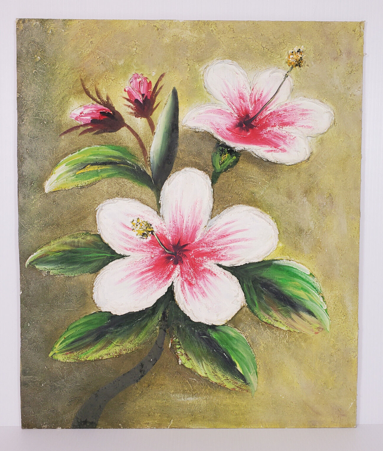 Tropical Flower Thick Spatula Impasto 24×20 Vtg Canvas Painting Masonite Board