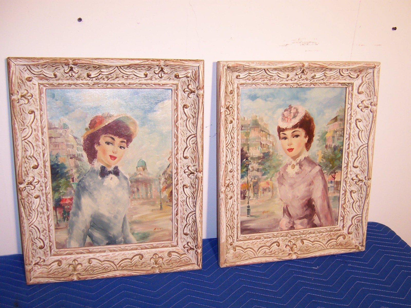 Pair Vintage Signed Paris French Lady Street Scene Oil Paintings Wood Frames