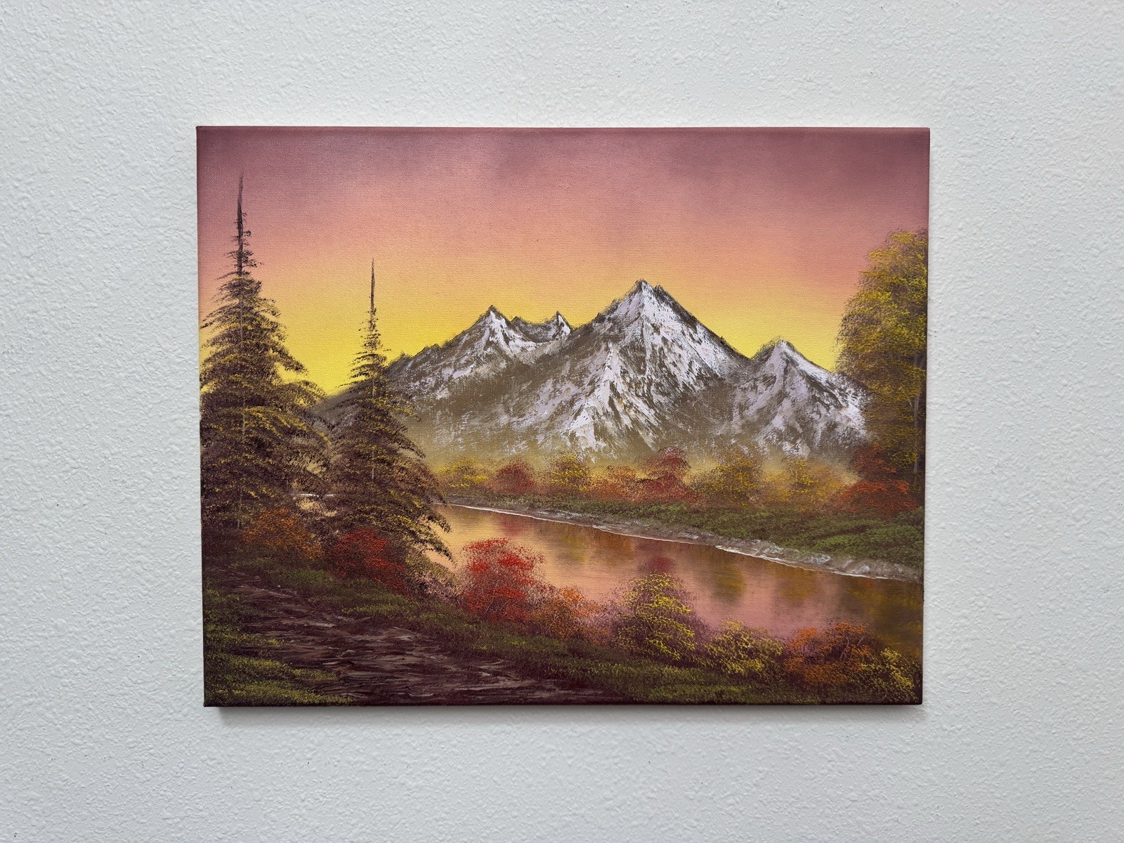 16×20 Original Oil Painting – Mountain Sunset With River & Autumn Trees Wall Art