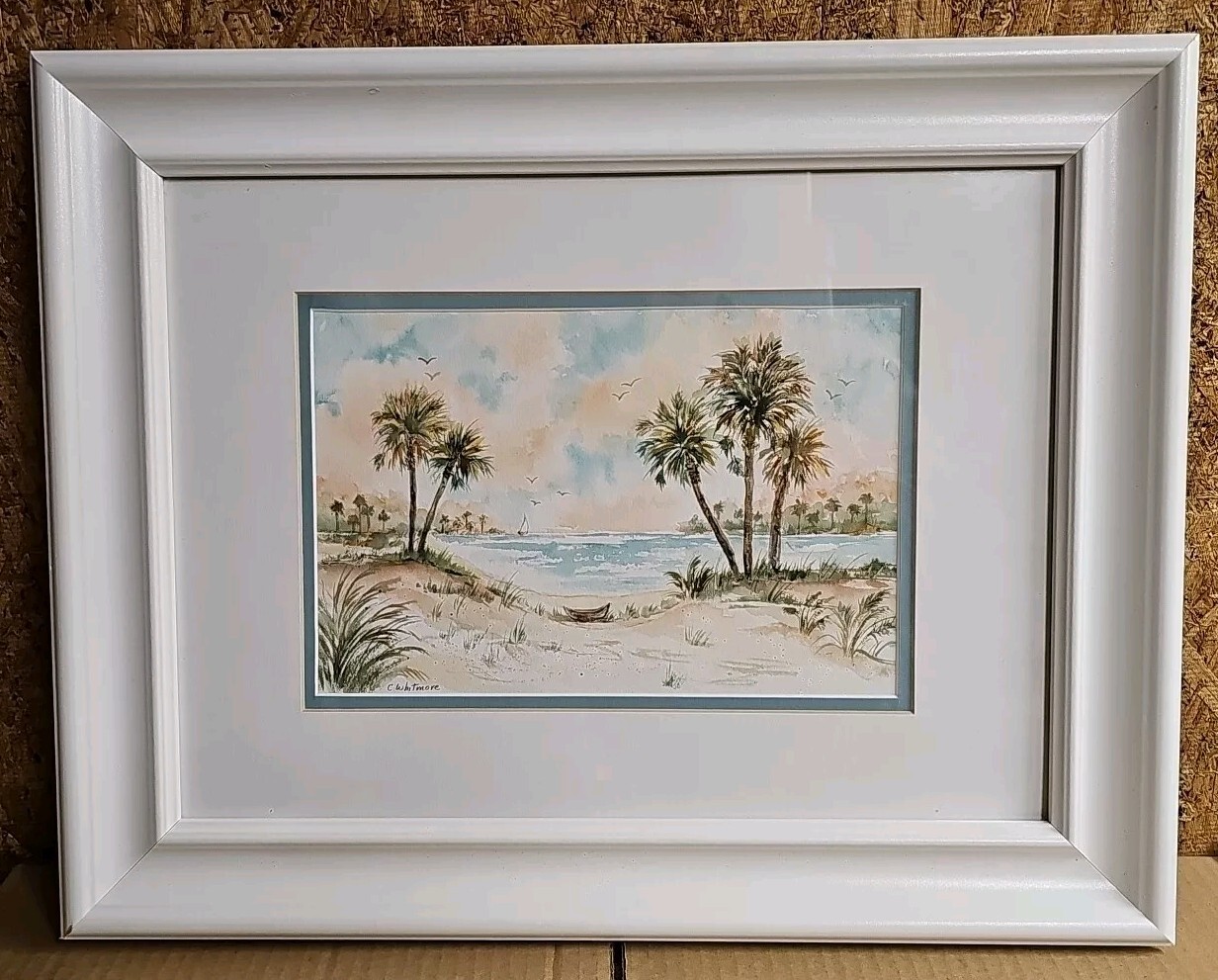 Serene Watercolor Painting Tropical Beach Caribbean Bay Signed Caroline Whitmore
