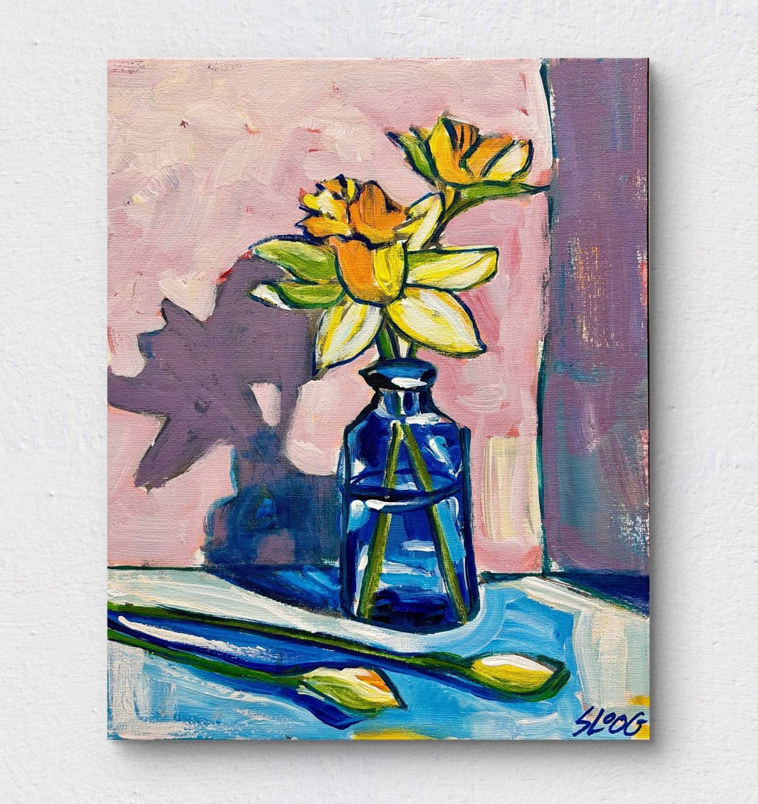 SLOOG Original Art Modern Wall Decor Painting on Canvas 11×14 Daffodils in Vase