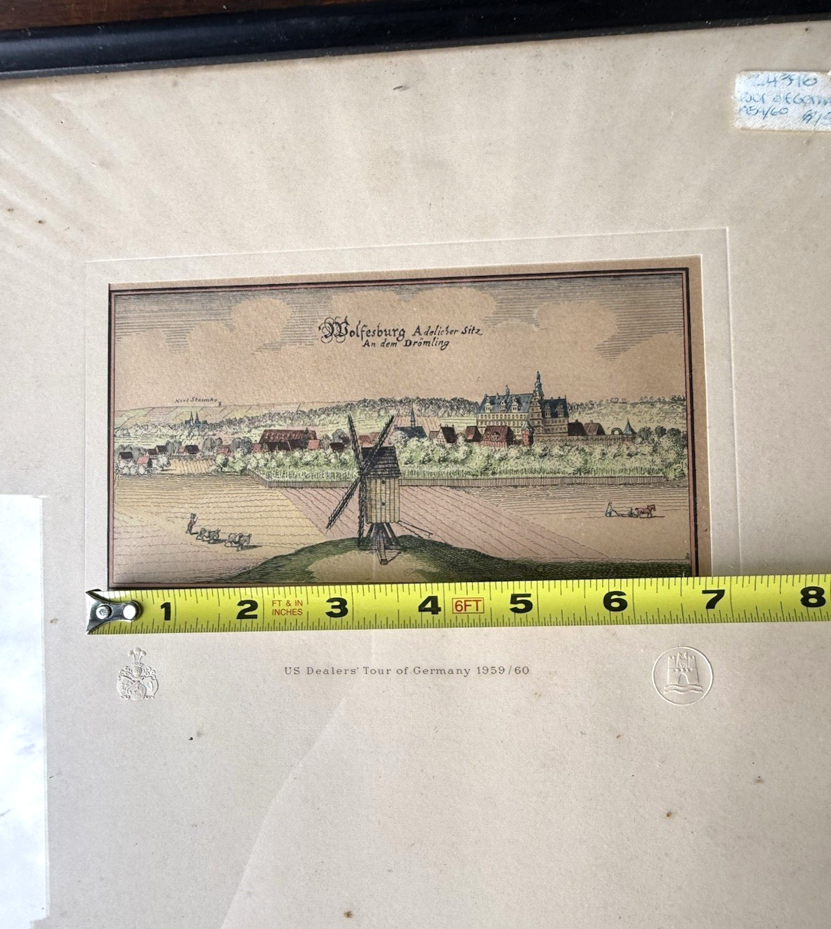 Antique Hand Colored Engraving Wolfsburg Germany Windmill Cityscape 1700s Framed