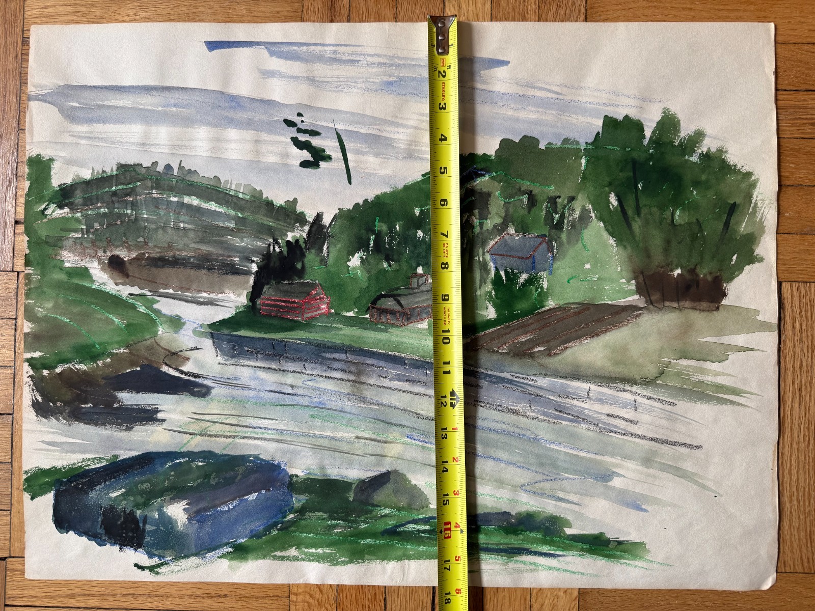 Vintage 1950’s Watercolor Painting Green Lush Landscape Barn Field OOAK 18 x 24