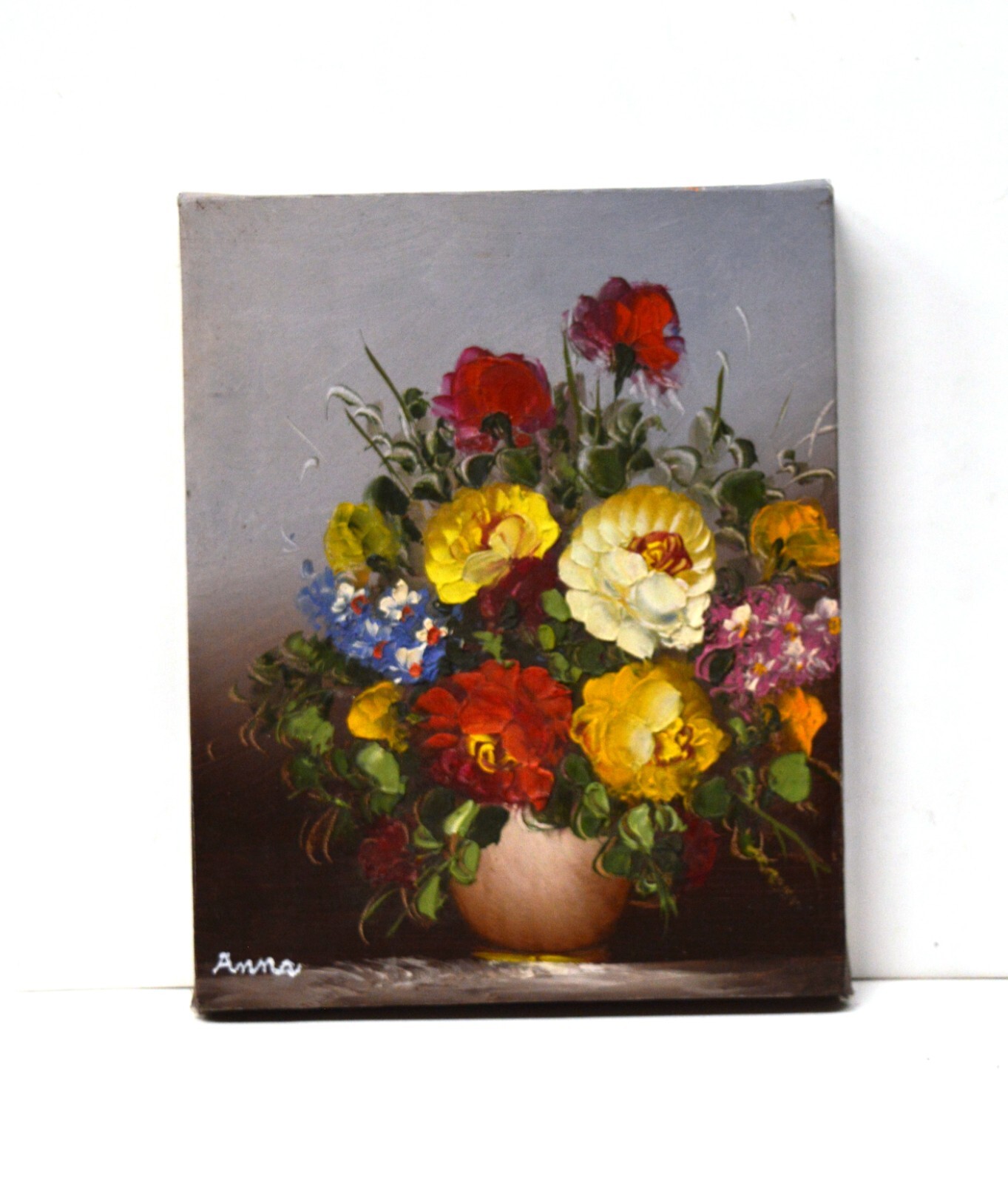 ROSE FLOWER TEXTURED VASE 10″ HAND PAINTED OIL PAINTING DECOR ART GIFT 492