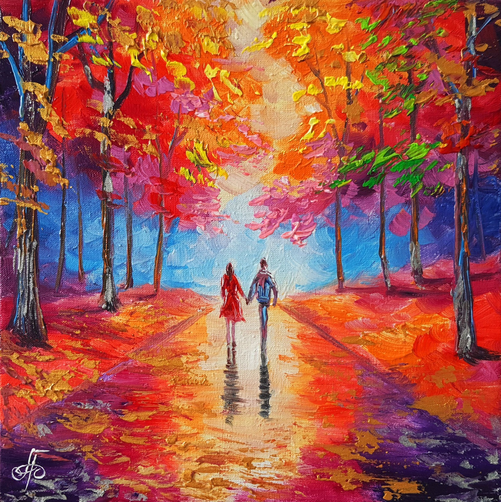 Autumn Original Small Painting Canvas Couple Walk Colorful Trees Ukraine Artist