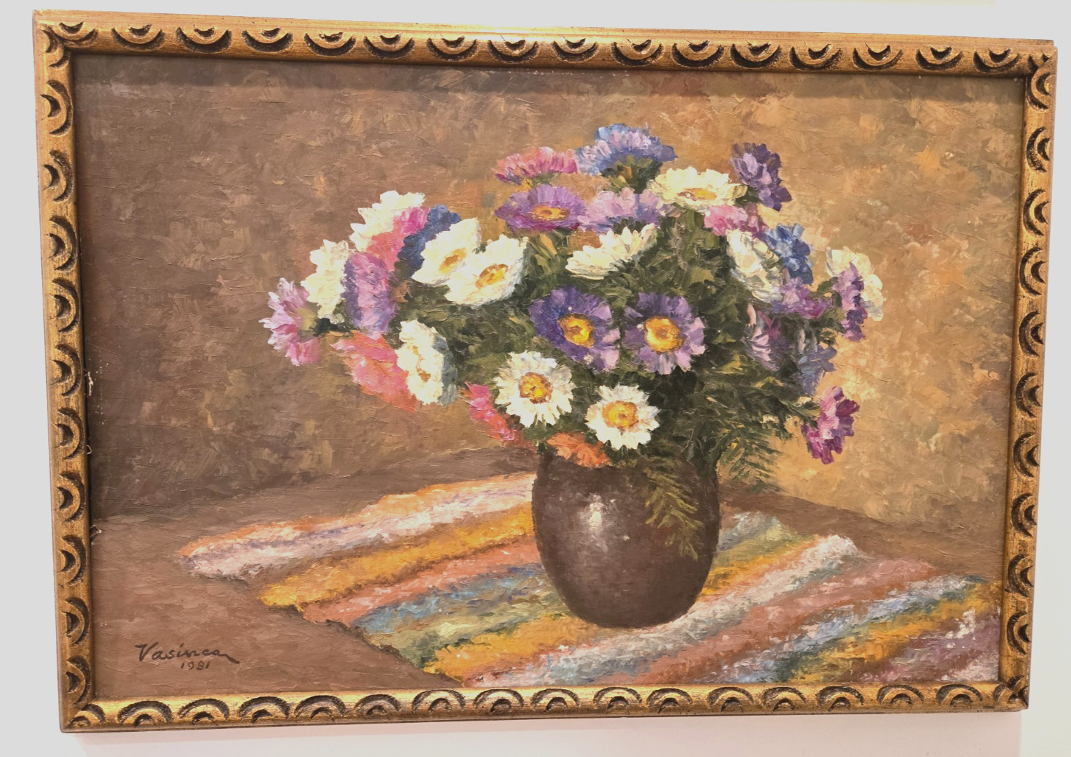 Vintage 1981 Art; Vasincan Signed Painting;Flower Bouquet;Gilded Frame; 21.5×15″