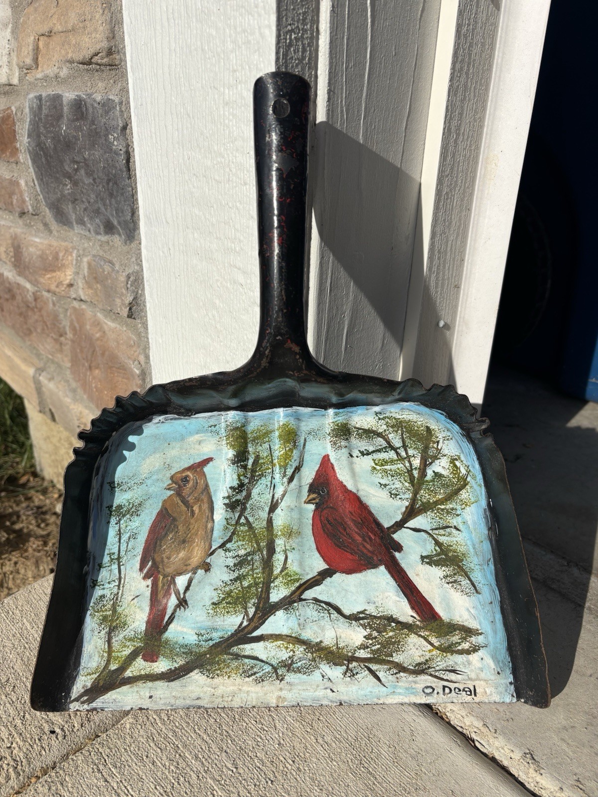 Vintage Metal Dust Pan With Cardinal Oil Painting On It Signed O. Deal