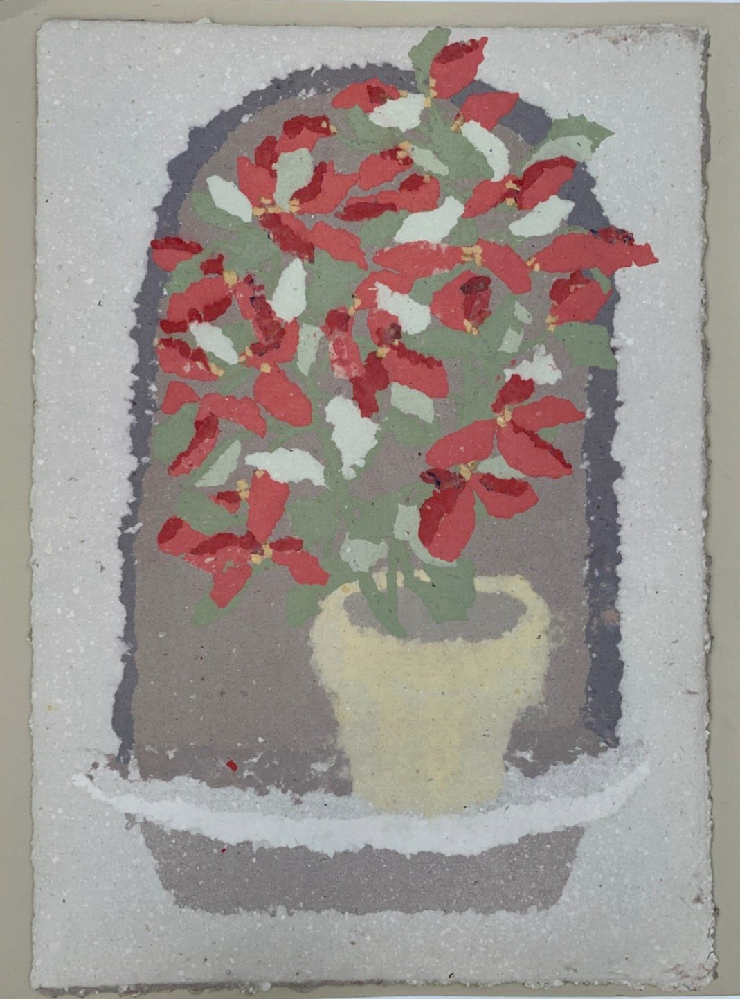 AMY ESSICK PAINTING YELLOW FLOWER POT RED WHITE FLOWERS HAND MADE PAPER COLLAGE