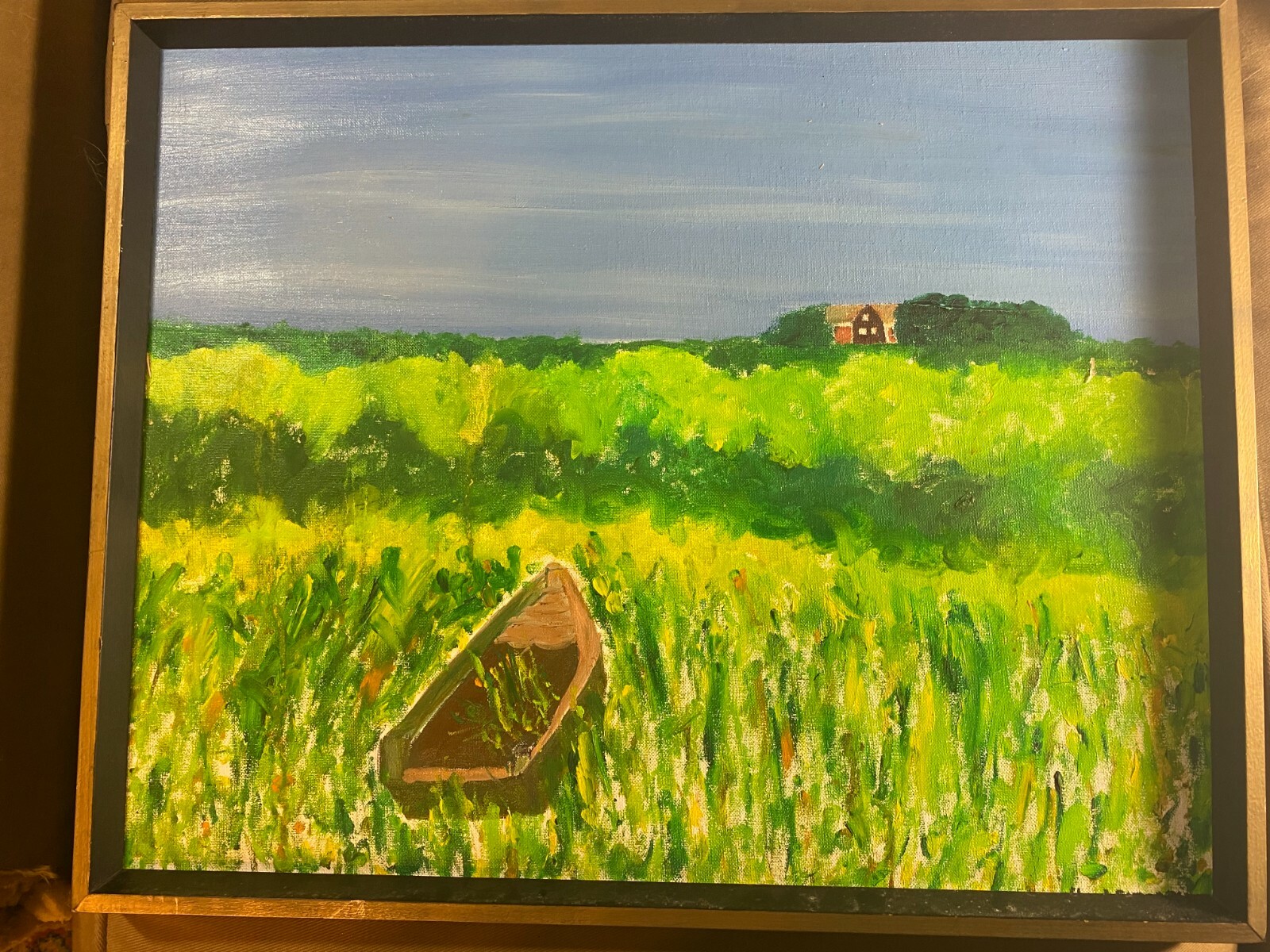 Harriet Liebowitz Folk Art «Boat In Landscape Scene» Oil Painting -Signed/Framed