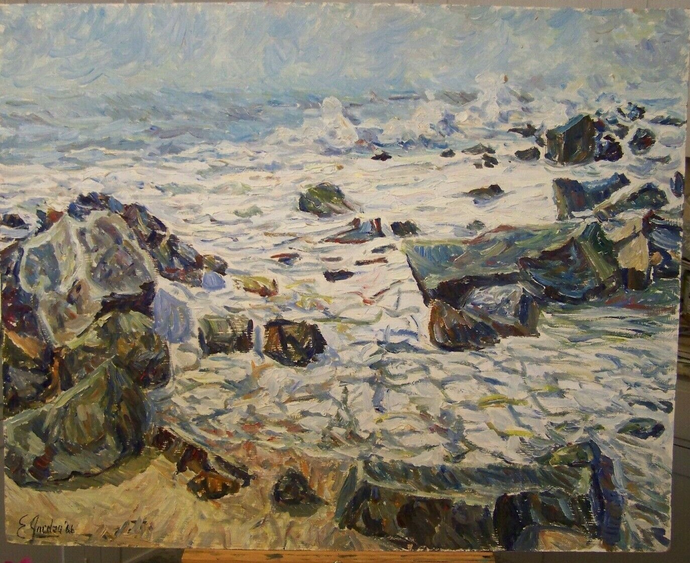 COASTAL SEASCAPE OCEAN BEACH ABSTRACT IMPRESSIONISM MCM OIL PAINTING E. JORDAN