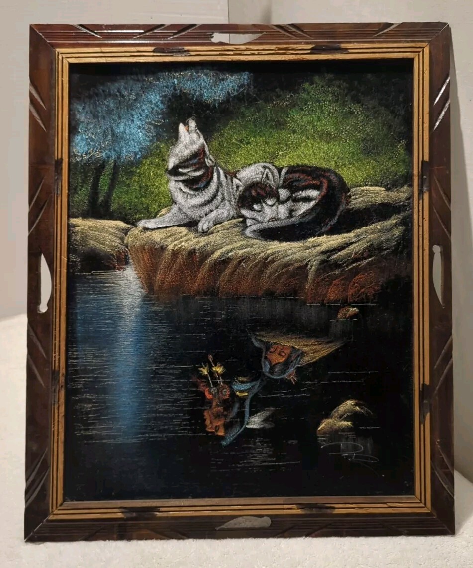 Native American VELVET Painting ~ Wolves Reflection In Water ~ 19″x23″ Org Frame