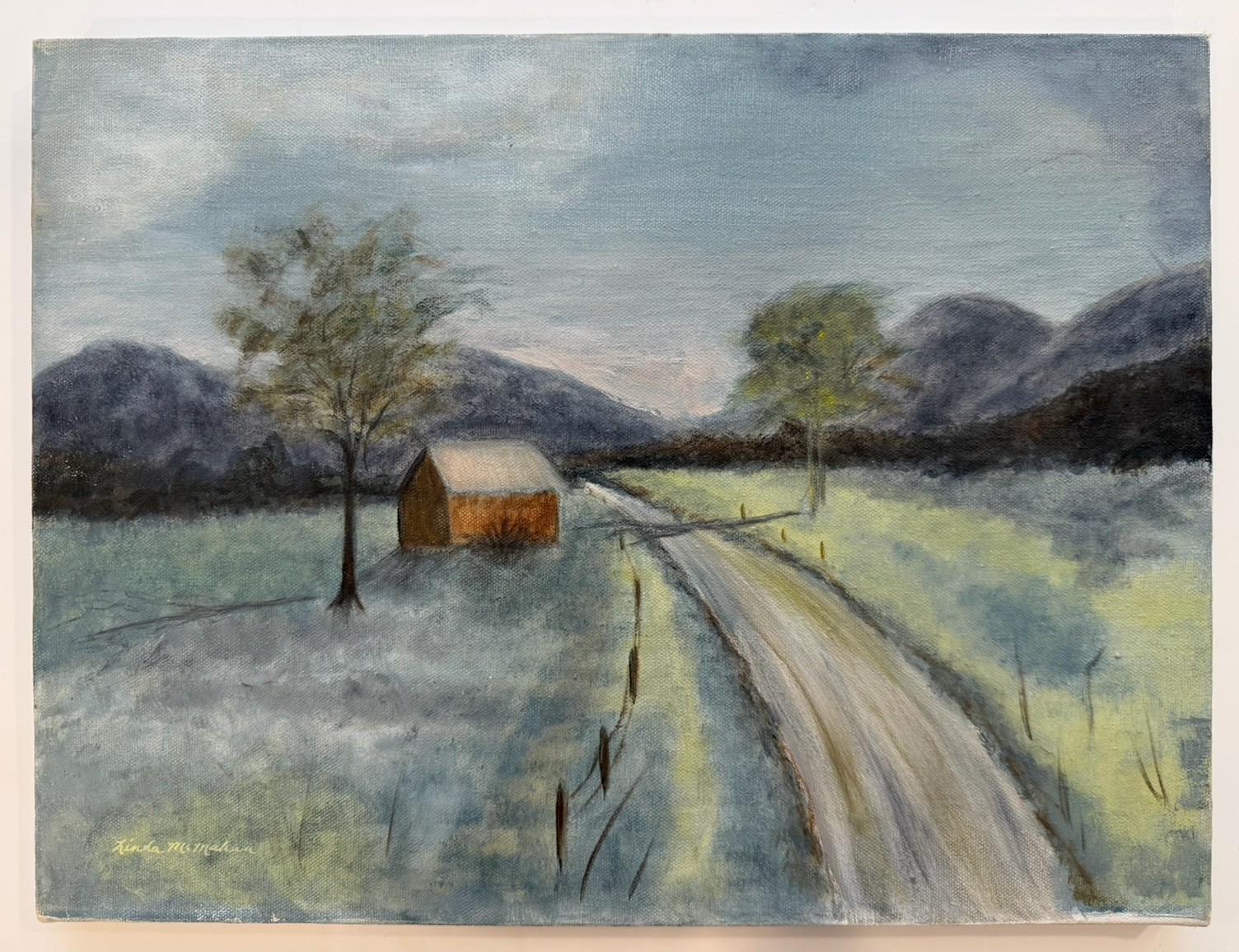 Signed Original Oil On Canvas Painting Rural Landscape Barn/Road/Mtns 12×16”