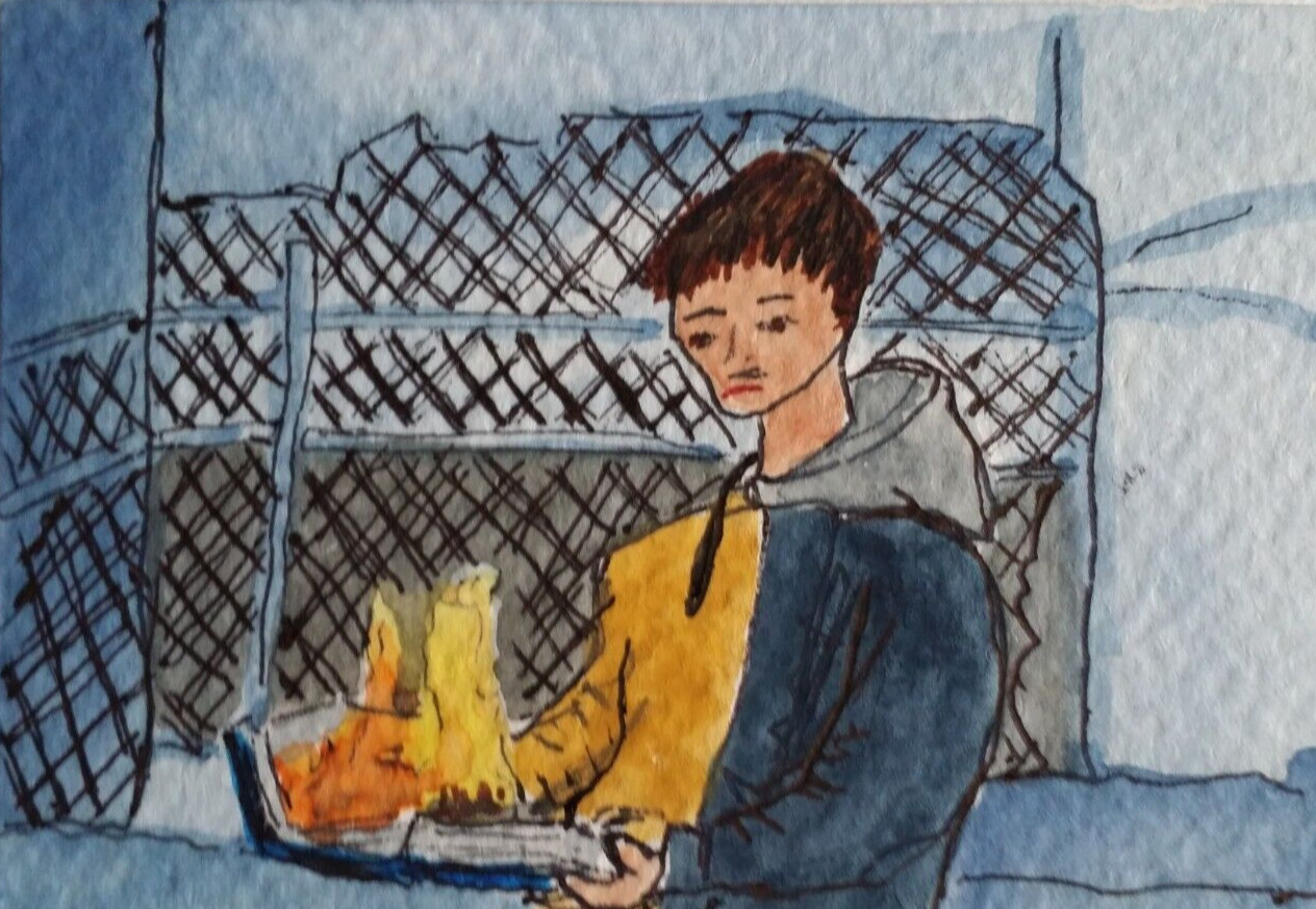 ACEO Original – College Boy Burning Book – Watercolor 2.5 x 3.5 Signed