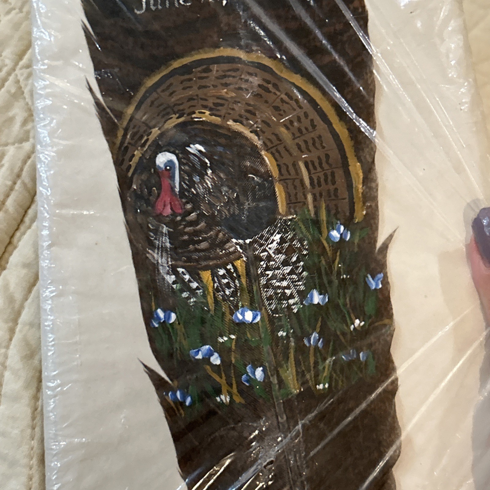 Hand Painted Turkey Feather. Signed Marte Erb. School Auction 6/18/2010. No. 69.