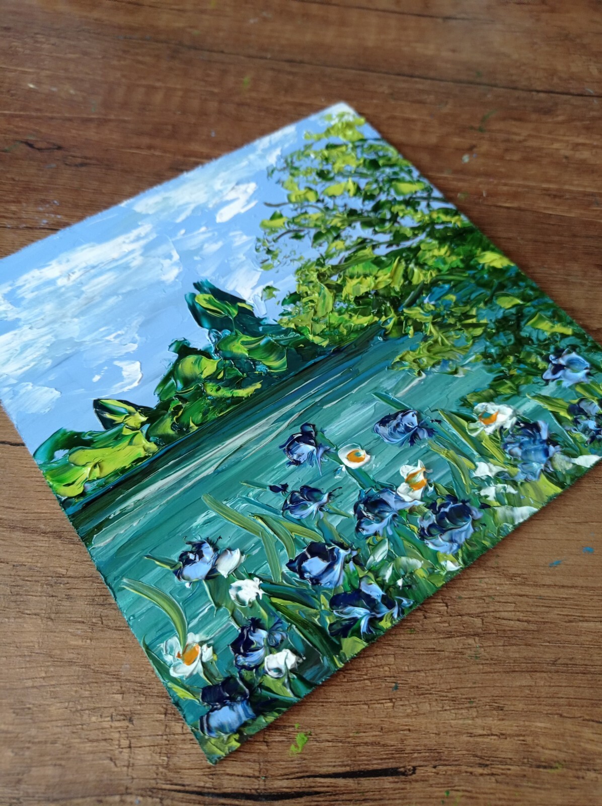 Cornflowers Sunset River Original Oil Painting Flowers Landscape Art size 6 x 6″