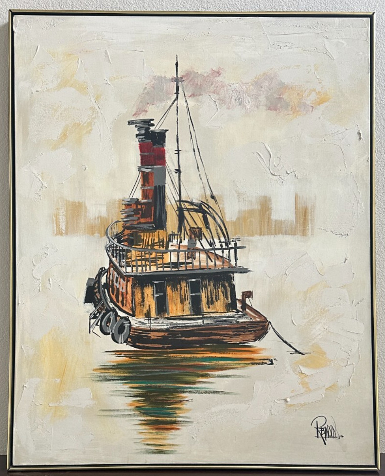 Lee Reynolds Vanguard Studio «Tugboat» Oil Painting Canvas Large 41″x51″ Framed