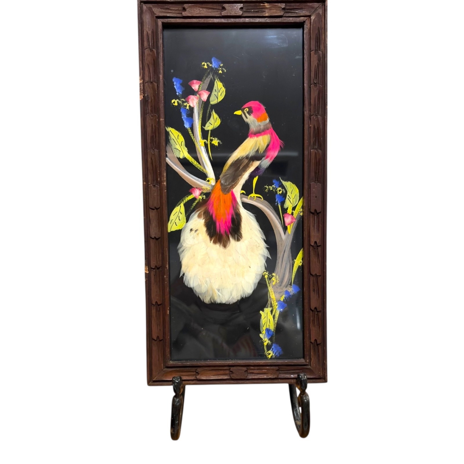 Framed Feather Peacock Art Dopamine Floral Accents Rustic Wooden Frame 14″ x 7″