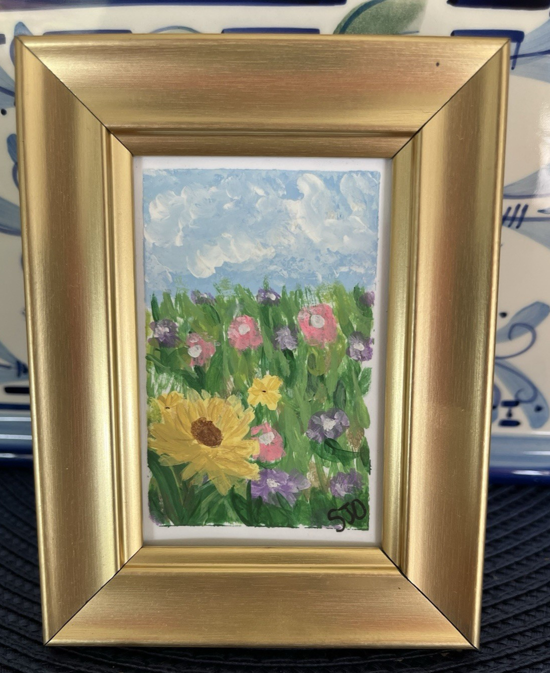 Wildflowers in Field miniature framed acrylic painting signed 3.5″X 4-3/4″ aceo