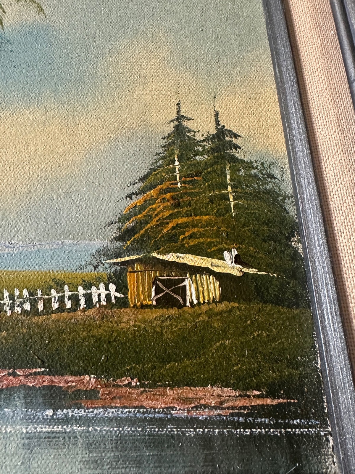Vintage Framed Mountain Lake Landscape Oil Painting Signed Reno Cabin Scene MCM