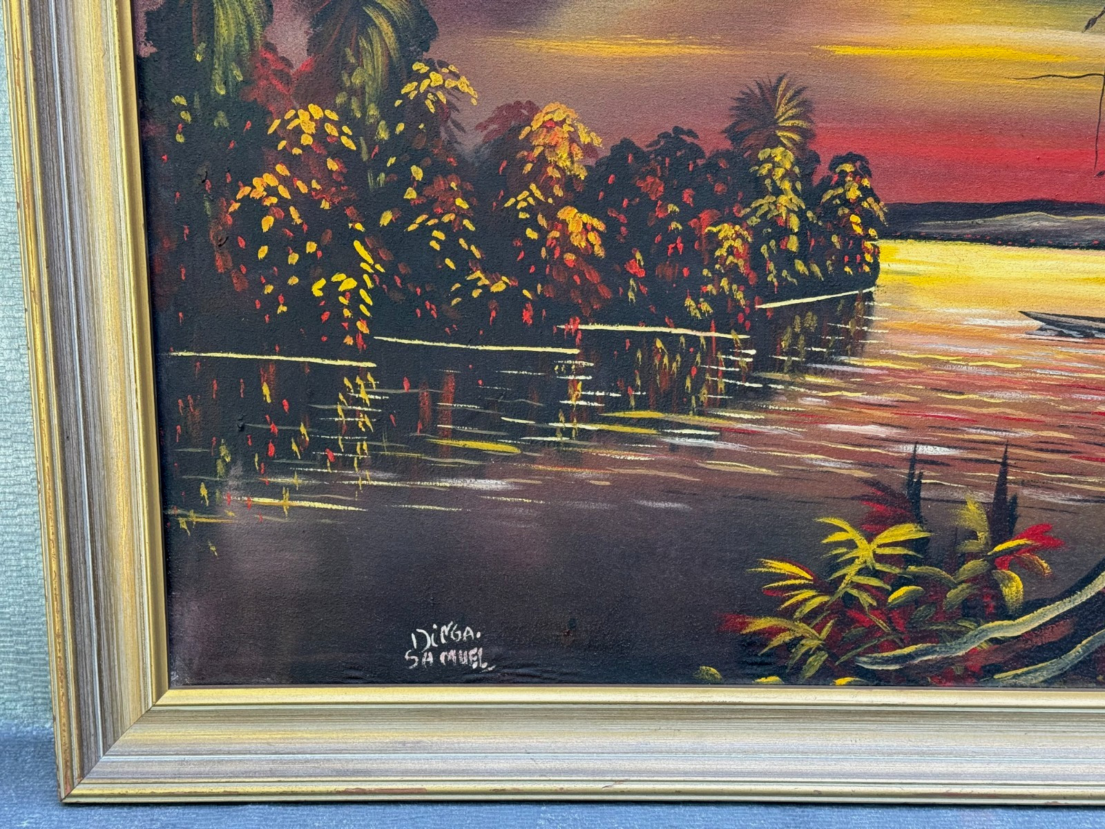 DINGA SAMUEL AFRICAN LANDSCAPE OIL PAINTING MAN CROSSING RIVER AFRICA CONGO MCM