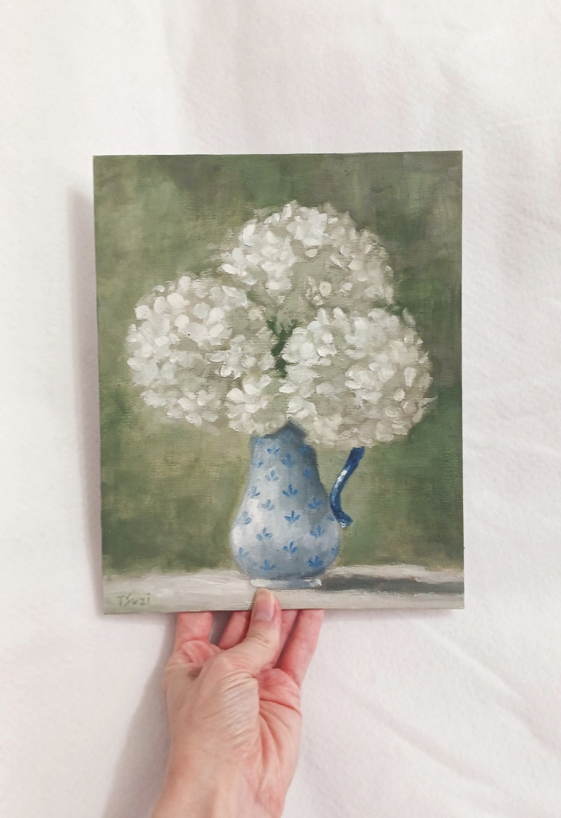 White Hydrangeas ORIGINAL Oil Painting Flowers Vintage Vase 8″ x 10″