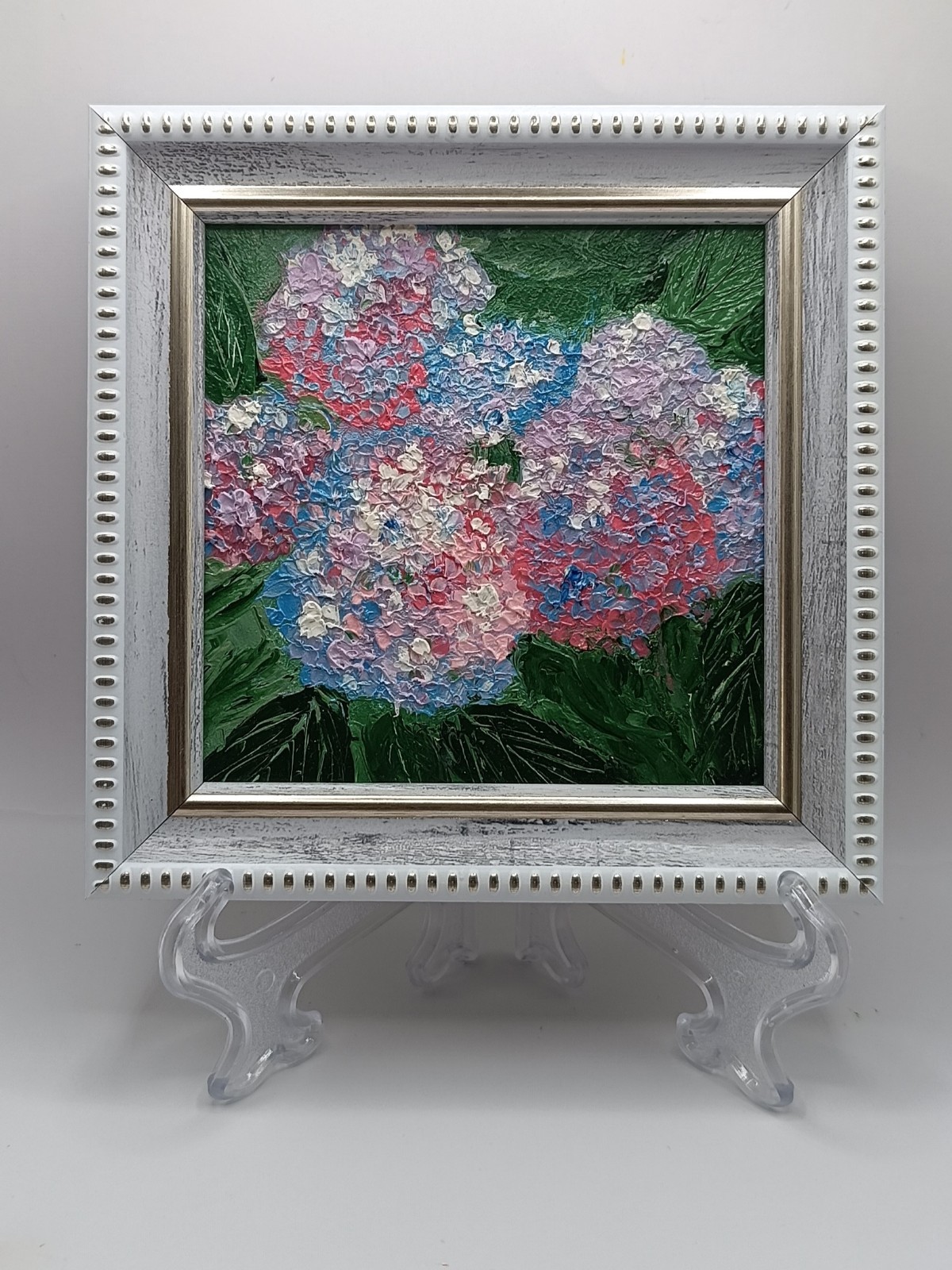 Original Miniature Hydrangea Oil Painting Framed Floral Impasto Art Bloom 4×4