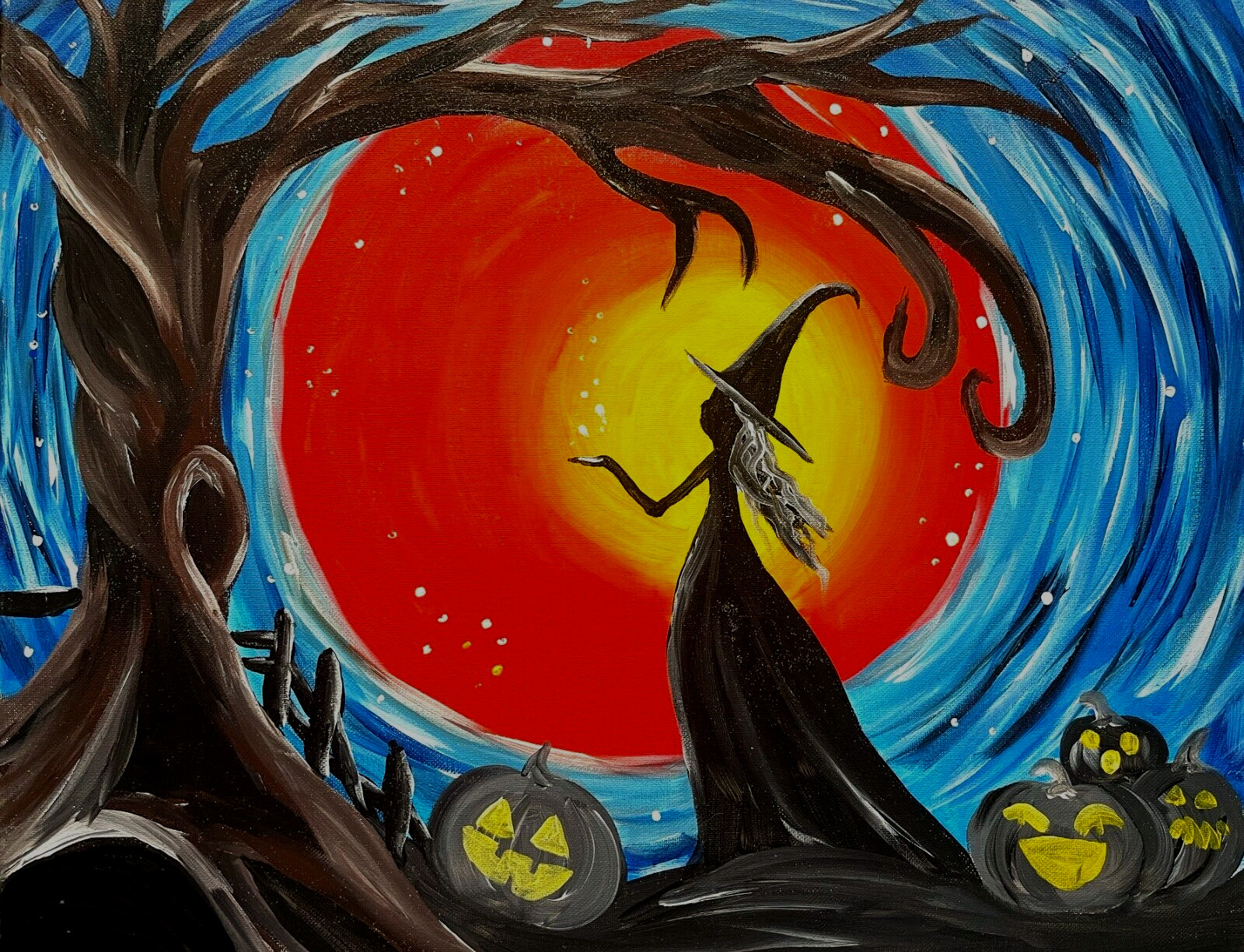 ACEO Mini *Art Print* of Red Moon, Spooky Pumpkins, Halloween Witch by Saulite