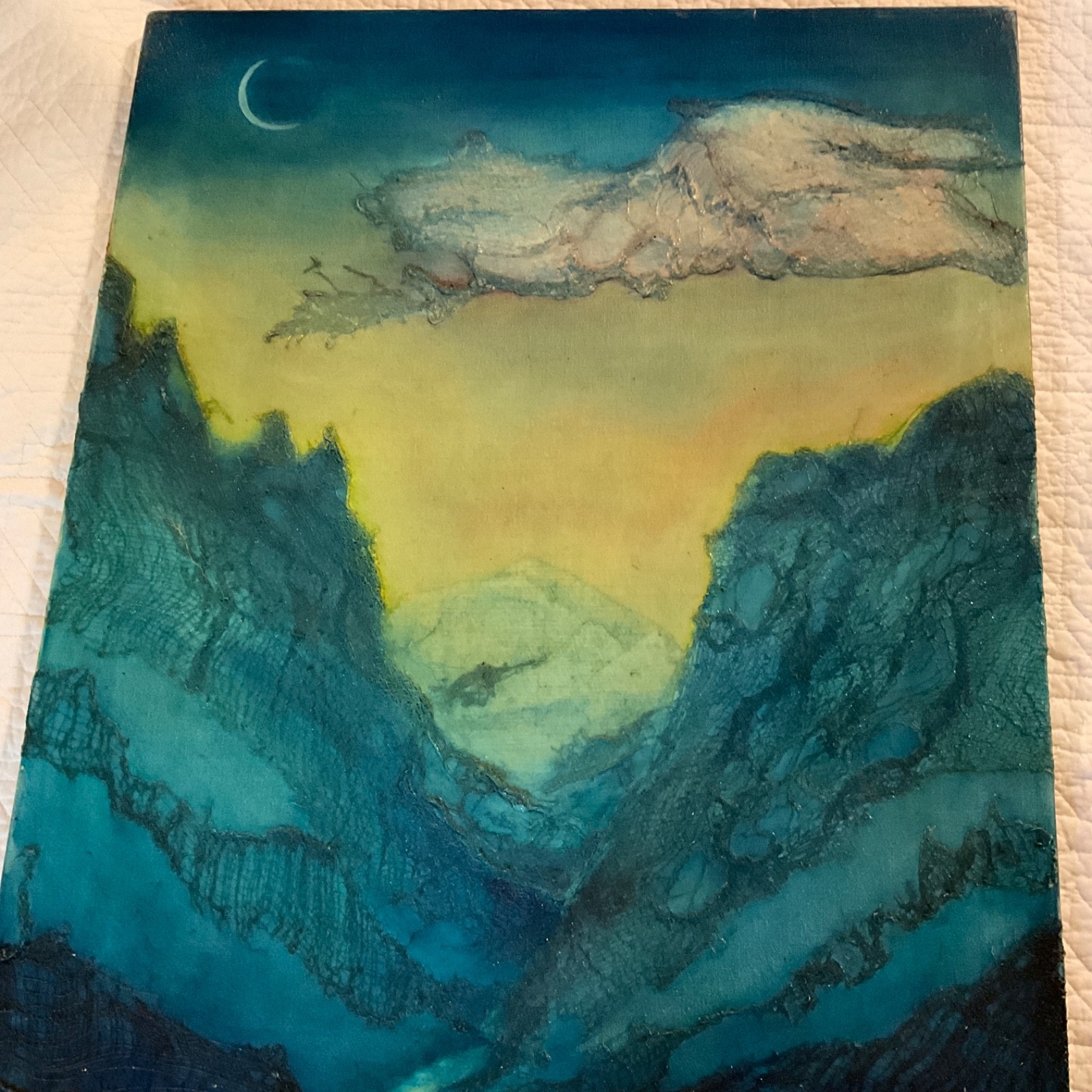 VINTAGE original hand painted oil Painting collage fantasy mystical mountains