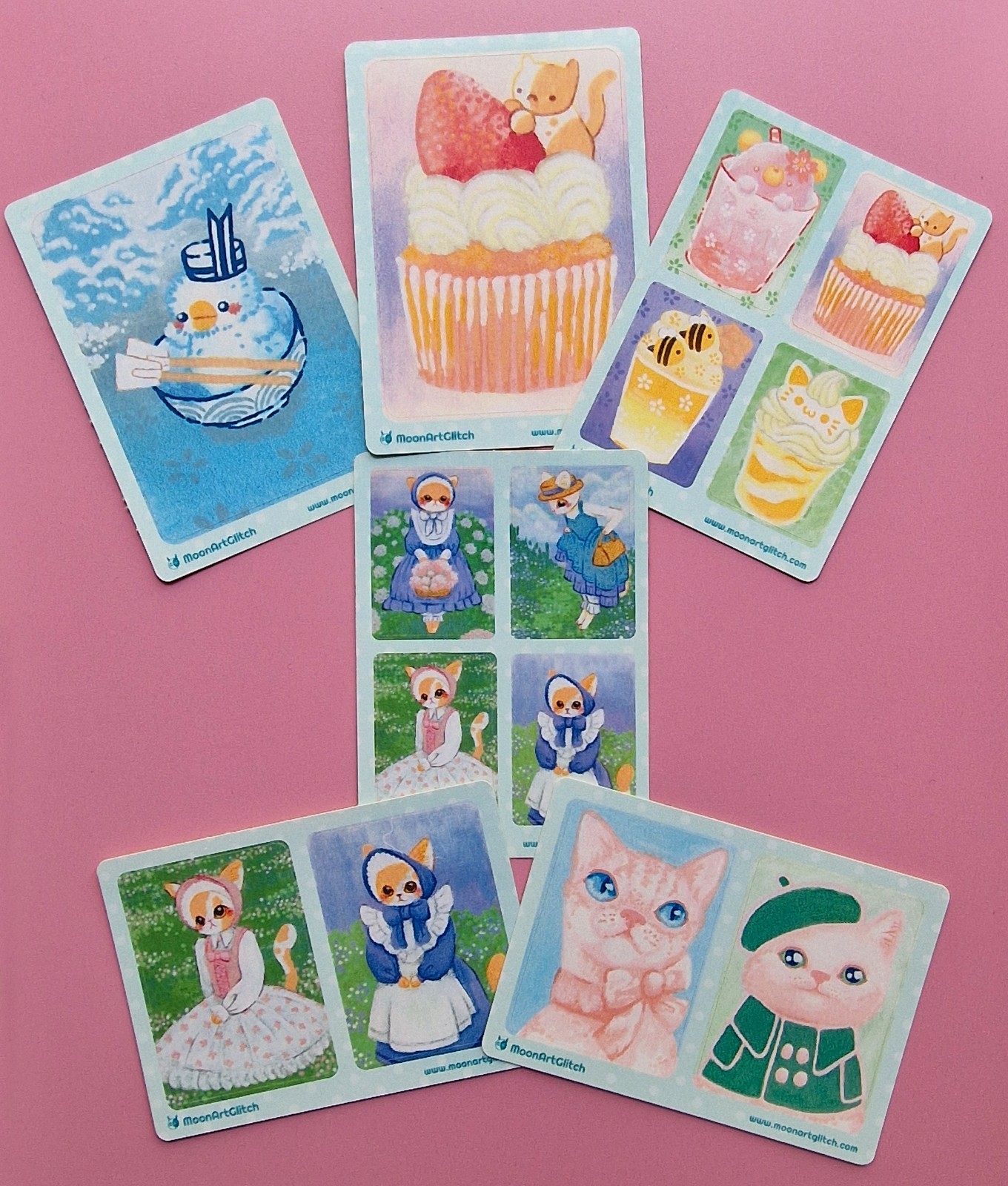 Aceo PRINT STICKER by MoonArtGlitch ~ Pack 2A Cat Duck Food Muffin Animal Cards