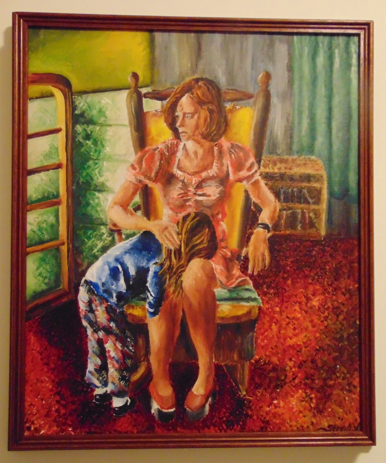 Original Oil Painting on Canvas, Little Girl & Teacher, Wood Frame, 26.3 x 22.3