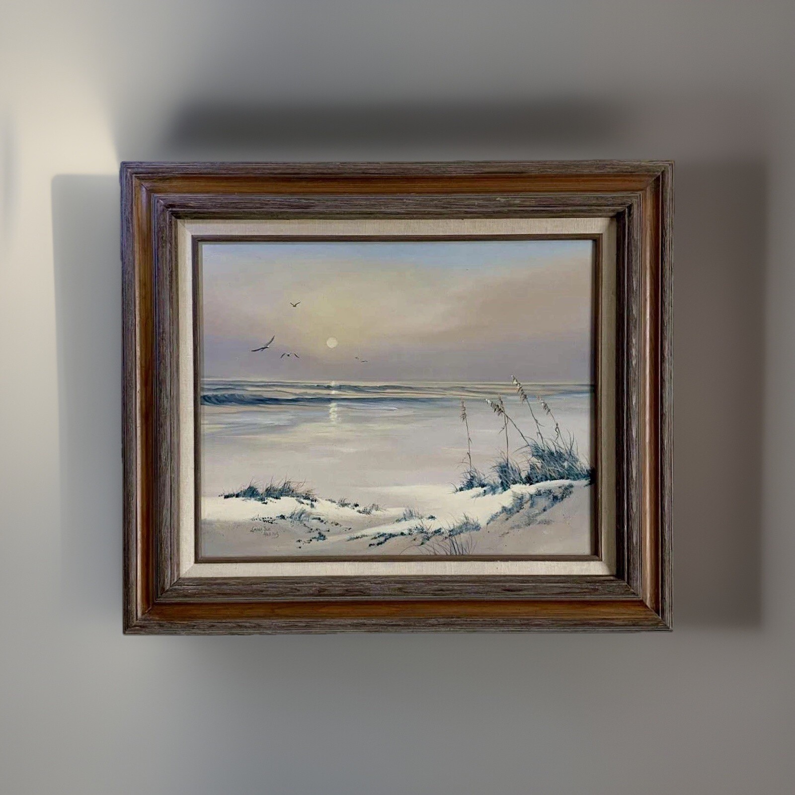 Vintage Sunrise Seascape Beach Front Oil Painting On Canvas Signed HARRIS Artist