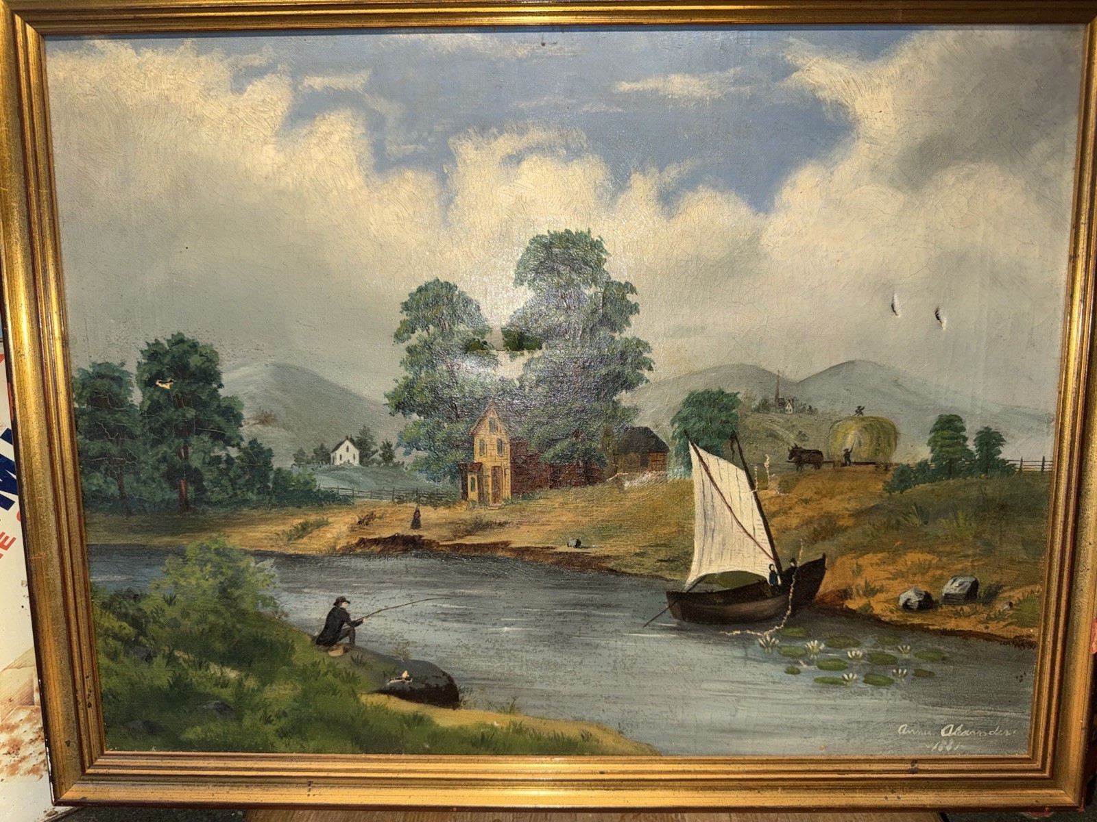 Antique Victorian Oil Painting Outdoor Fishing Harvesting Anna Alexander 1881